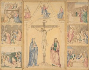Christ on the Cross with Six Scenes from the Life of Christ by Eduard Von Steinle Oil Painting
