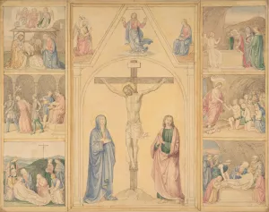 Christ on the Cross with Six Scenes from the Life of Christ by Eduard Von Steinle Oil Painting