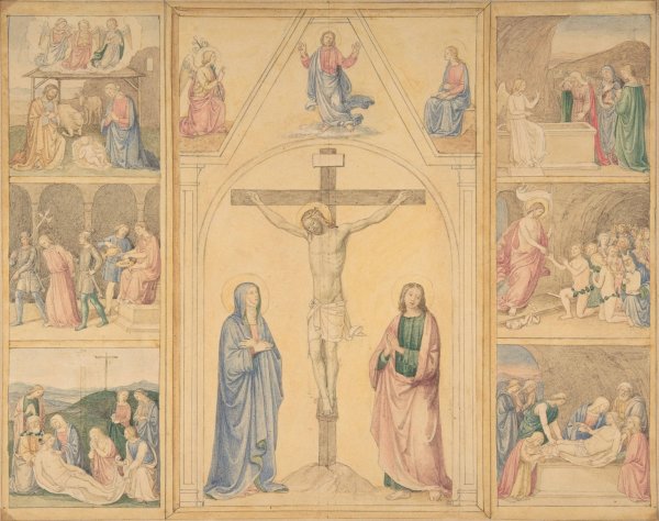 Christ on the Cross with Six Scenes from the Life of Christ  by Eduard Von Steinle - Hand-Painted Oil Painting Reproduction