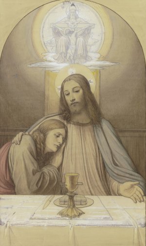 Christ with his favorite disciple John, half-length figures at the table of the Last Supper, above them the Trinity by Eduard Von Steinle Oil Painting