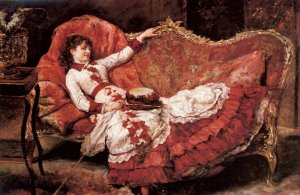An Elegant Lady in a Red Dress Oil painting by Eduardo Leon Garrido