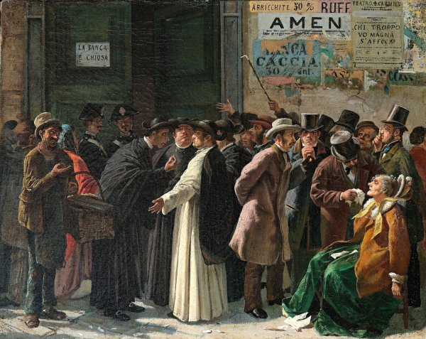 Beim Die geschlossene Bank  by Eduardo Matania - Hand-Painted Oil Painting Reproduction