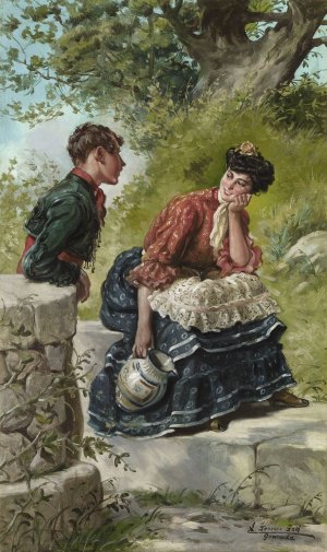 Courting Couple at the Fountain by Eduardo Sanchez Sola Oil Painting