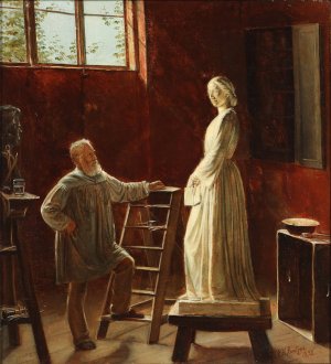 H.W. Bissen betragter sin statue af Johanne Louise Heiberg by Edvard Bentzen Oil Painting