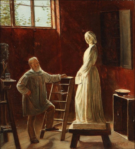 H.W. Bissen betragter sin statue af Johanne Louise Heiberg  by Edvard Bentzen - Hand-Painted Oil Painting Reproduction