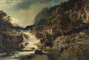Rocky Landscape with Waterfall and Watermill, Smaland by Edvard Bergh Oil Painting