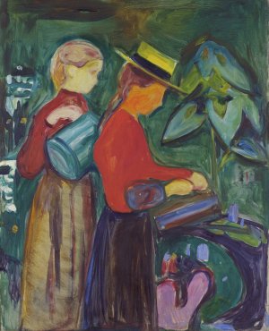 Girls Watering Flowers by Edvard Munch Oil Painting