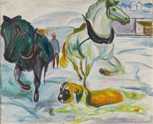 Horse Team and a St. Bernhard in the Snow by Edvard Munch Oil Painting