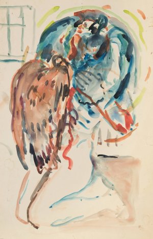 Kunstneren og hans syke oye. Knelende kvinnelig akt med orn by Edvard Munch Oil Painting