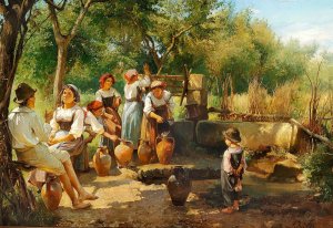 Piger hente Vand ved Bronden ved Middagstid by Edvard Petersen Oil Painting