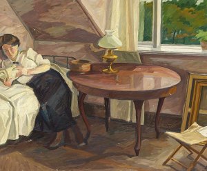 Interior med laesende kvinde by Edvard Weie Oil Painting