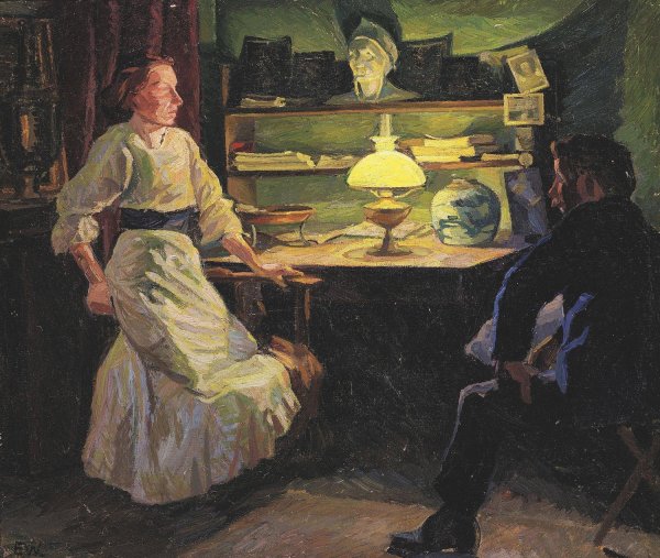 Main Product Photo of Interior med lampelys og to figurer  Painting by Edvard Weie