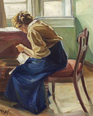 Interior med siddende kvinde by Edvard Weie Oil Painting