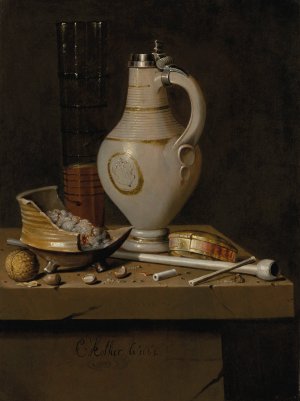 A toebakje still life of smoking utensils, a jug and a tall glass partly filled with beer by Edwaert Collier Oil Painting