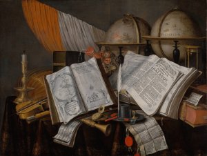 A Vanitas Still Life with a Flag, Candlestick, Musical Instruments, Books, Writing Paraphernalia, Globes and Hourglass by Edwaert Collier Oil Painting