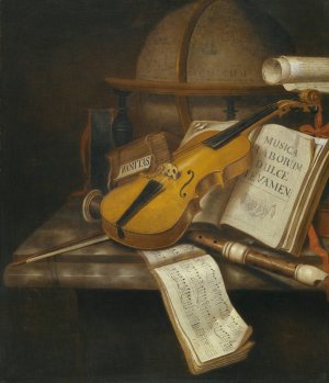 A Vanitas Still Life With A Violin, A Recorder And A Score Of Music On A Marble Table-Top by Edwaert Collier Oil Painting