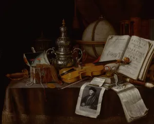 Vanitas still life with a violin, silver incense burner, globe, sword, box of jewelry, and manuscripts by Edwaert Collier Oil Painting