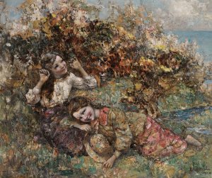 Girls Picking Wild Flowers by Edward Atkinson Hornel Oil Painting