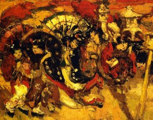 Japanese Figures in a Garden Oil painting by Edward Atkinson Hornel