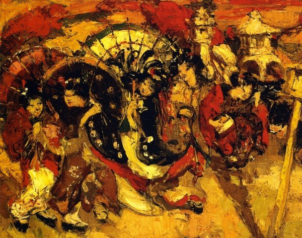Japanese Figures in a Garden by Edward Atkinson Hornel - Hand-Painted Oil Painting Reproduction