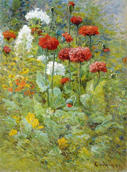 Flowers in a Garden by Edward C. Leavitt - Hand-Painted Oil Painting Reproduction