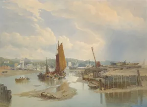 A Town on an Estuary at Low Tide by Edward Duncan Oil Painting