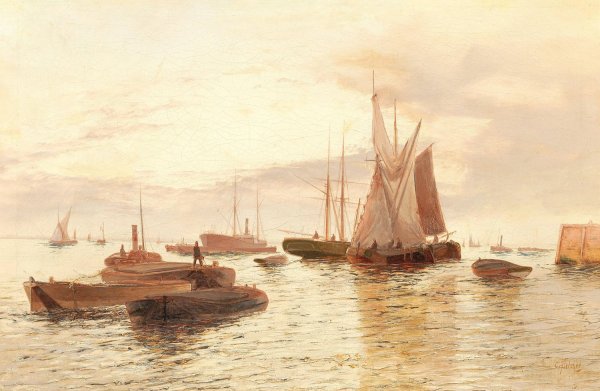 Boats on a Calm Sea by Edward Henry Eugene Fletcher - Hand-Painted Oil Painting Reproduction