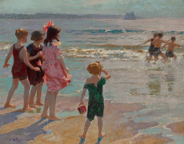 Children at the Shore by Edward Henry Potthast - Hand-Painted Oil Painting Reproduction