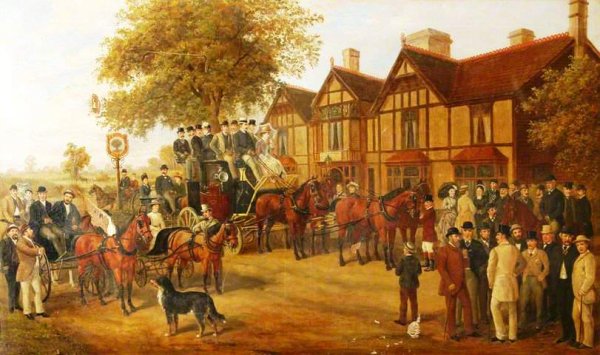 Stagecoach Outside 'The George in the Tree', Kenilworth Road, Berkswell, West Midlands by Edward Herberte - Hand-Painted Oil Painting Reproduction