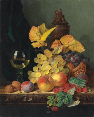 A roemer, grapes, peaches, plums, raspberries and walnuts on a wooden ledge by Edward Ladell Oil Painting