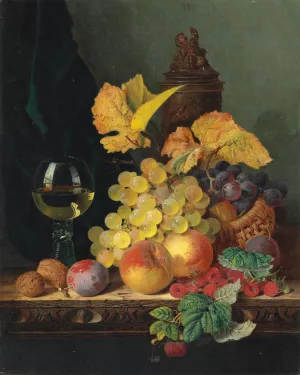A roemer, grapes, peaches, plums, raspberries and walnuts on a wooden ledge by Edward Ladell Oil Painting