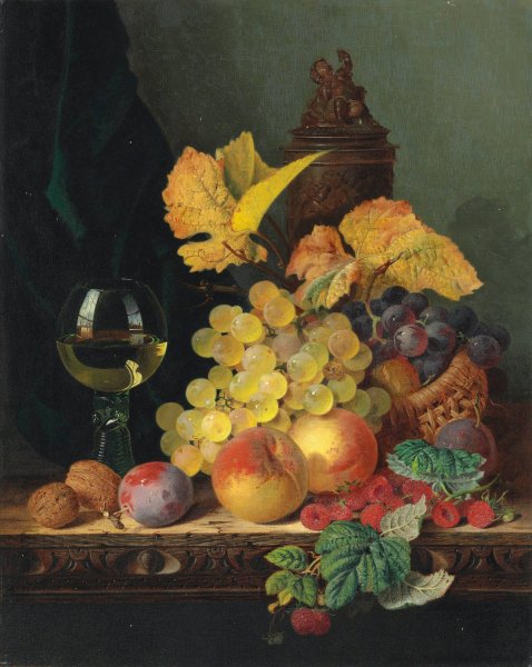 Main Product Photo of A roemer, grapes, peaches, plums, raspberries and walnuts on a wooden ledge Painting by Edward Ladell