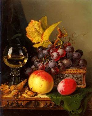 A Still Life of Black Grapes, a Peach, a Plum, Hazelnuts, a Metal Casket and a Wine Glass on a Carved Wooden Ledge by Edward Ladell - Oil Painting Reproduction