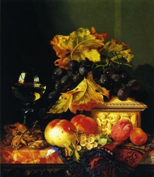 Black Grapes on a Carved Ivory Box, Peaches, Whitecurrants and Hazelnuts with a Hoch Glass on a Marble Ledge