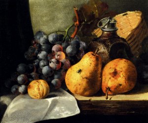 Pears, Grapes, a Greengage, Plums, a Stoneware Flask, and a Wicker Basket on a Wooden Ledge