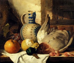 Prawns, a Mallard, a Lemon, an Apple, Grapes and a Stoneware Jug on a Draped Wooden Ledge