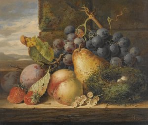 Still Life With A Bird's Nest, A Pear, A Peach, Grapes, Strawberries And Plums by Edward Ladell Oil Painting