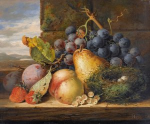 Still Life With A Bird's Nest, A Pear, A Peach, Grapes, Strawberries And Plums by Edward Ladell Oil Painting
