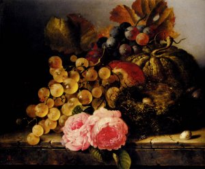 Still Life with a Birds Nest, Roses, a Melon and Grapes