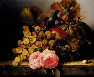 Still Life with a Birds Nest, Roses, a Melon and Grapes by Edward Ladell - Oil Painting Reproduction
