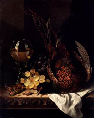 Still Life with a Pheasant, Grapes, Hazelnuts and a Hock Glass on a Wooden Ledge by Edward Ladell Oil Painting