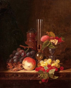 Still Life with Ceramic Jug, Wine Glass, and Tazza with Fruit by Edward Ladell Oil Painting