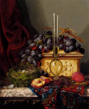 Still Life with Fruit, Birds Nest, Glass Vase And Casket by Edward Ladell Oil Painting
