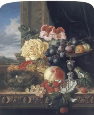 Still Life with Fruit, Flowers and a Bird's Nest by Edward Ladell Oil Painting