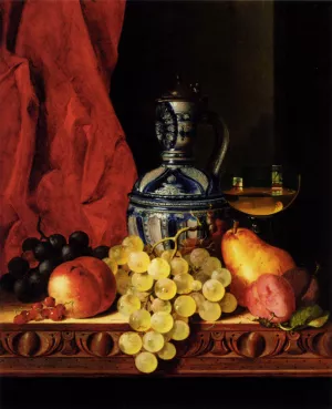 Still Life with Grapes, a Peach, Plums and a Pear on a Table with a Wine Glass and a Flask painting by Edward Ladell