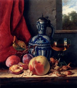 Still Life with Peaches, Whitecurrants, Hazelnuts, a Glass and a Stoneware Jug on a Wooden Ledge with a Landscape Beyond