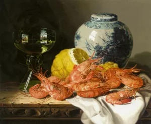 Still Life with Prawns and a Delft Pot by Edward Ladell - Oil Painting Reproduction