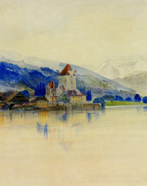 Main Product Photo of Lake Thun with the Schloss Oberhofen Painting by Edward Lear