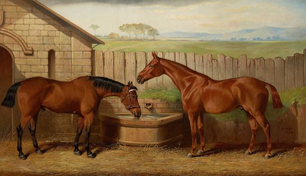 Two Hunters at a Water Trough  by Edward Lloyd - Hand-Painted Oil Painting Reproduction