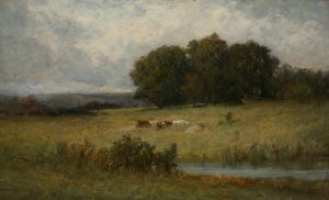 Bright Scene of Cattle near Stream by Edward Mitchell Bannister Oil Painting